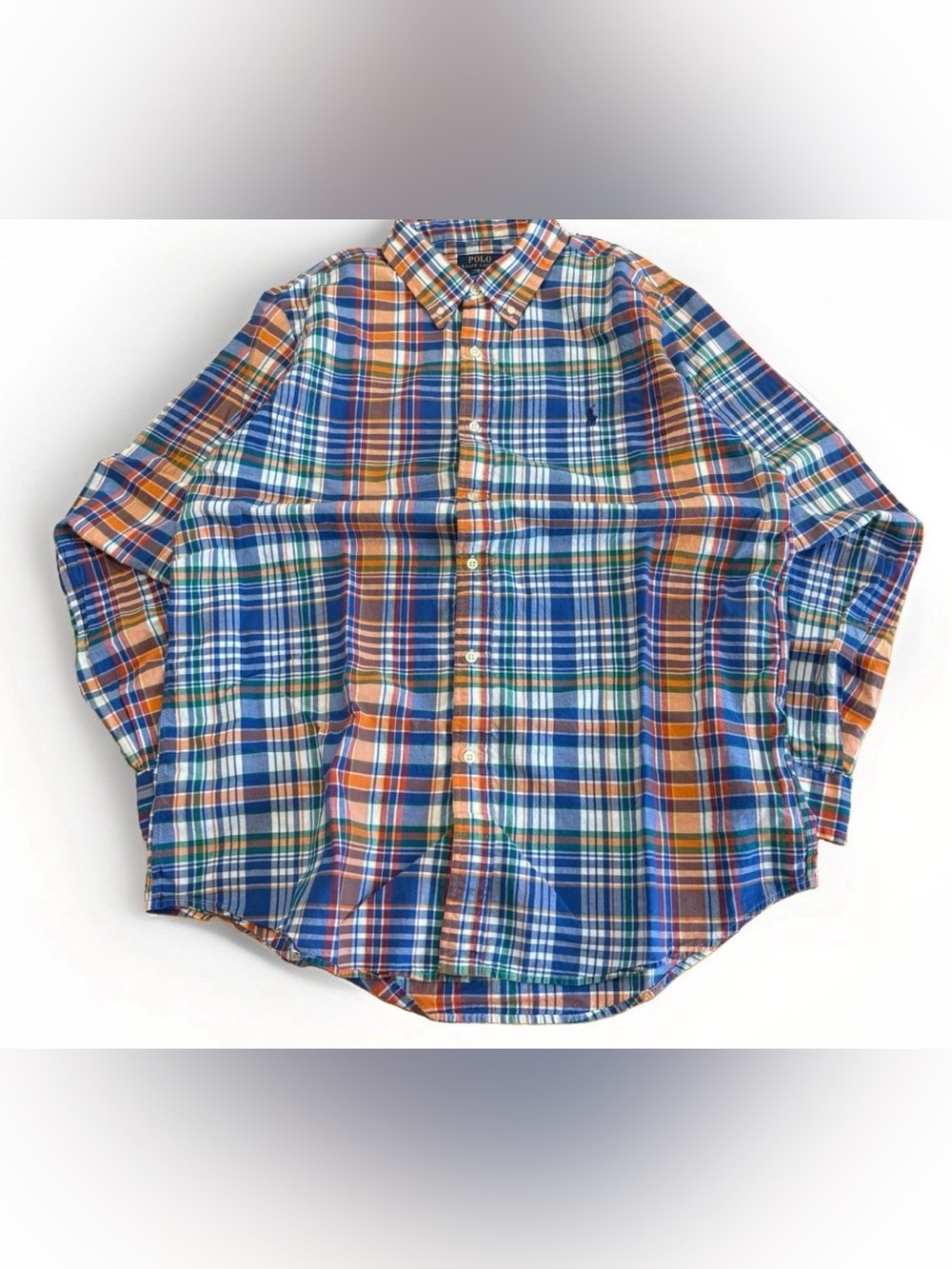 Polo Ralph Lauren Long Sleeve Button Down Shirt XL Custom Fit Plaid Orange Blue